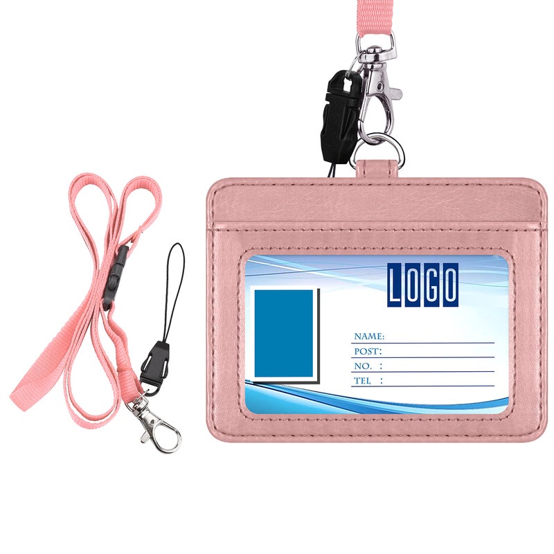 Wisdompro 2-Sided PU Leather ID Badge Holder with 1 ID Window and 1 Card Slot and 1 Piece 22 Inch Polyester Detachable Neck Lanyard Strap (Holds 3 to 4 Cards) - Horizontal (Rose Gold) - Image 1